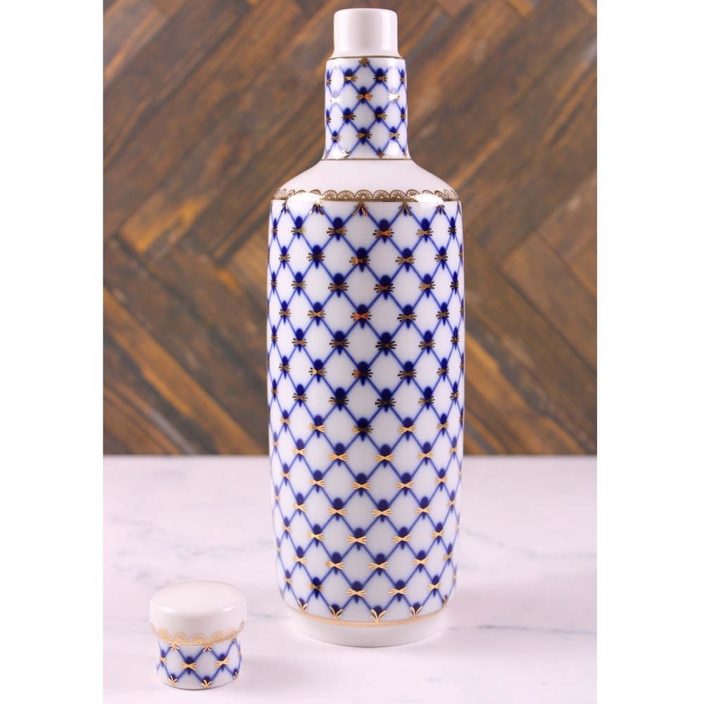 Lomonosov Cobalt Net Gold Decanter & 2 Shot Cups Set - Pristine Vintage LFZ 1C - Picture 2 of 10